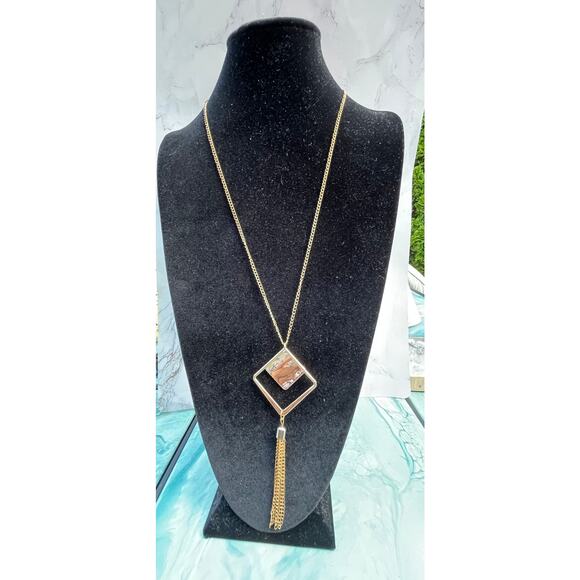 Long Gold Tone Fringe Geometric Pendent Tassel Necklace - Picture 2 of 8